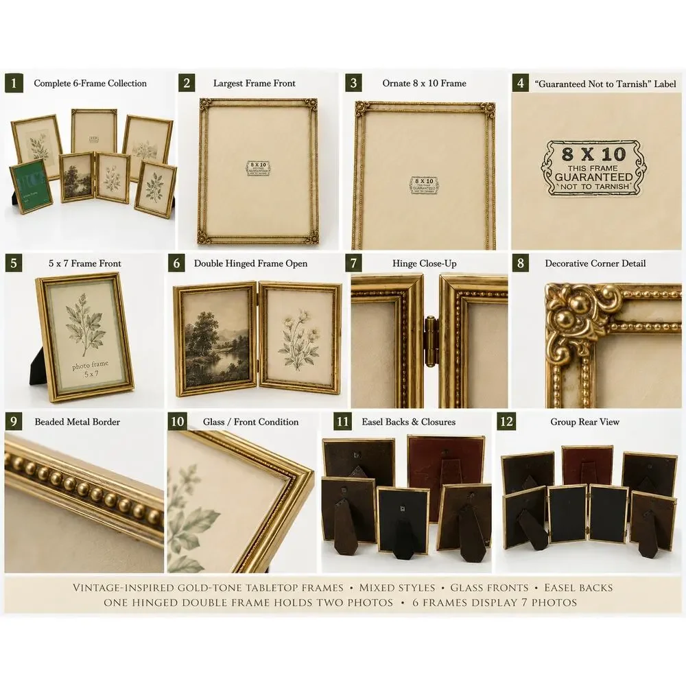 6 Gold Tone Vintage Style Tabletop Picture Frames